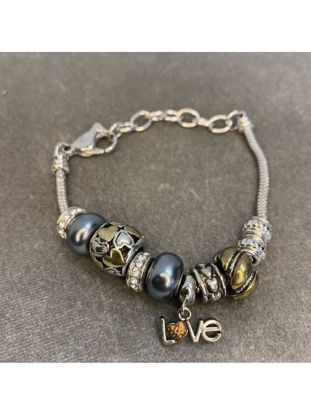 SILVERTONE charm bracelet Crystal Rhinestone love hearts